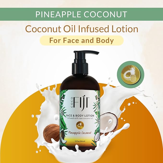 Coco Fiji Face & Body Lotion Infused With Coconut Oil | Lotion for Dry Skin | Moisturizer Face Cream & Massage Lotion for Women & Men | Pineapple Coconut 12 oz, Pack of 1