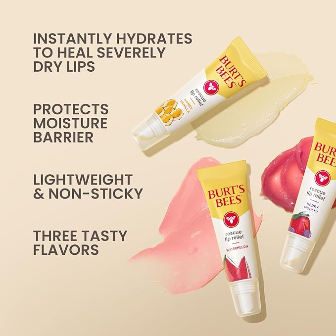 Burt's Bees Rescue Lip Relief, Berry Medley, Hydrating Lip Balm for Dry Cracked Lips, with Responsbily Sourced Beeswax and Shea Butter, 100% Natural Origin, 1 Squeezy Tube, 0.35oz
