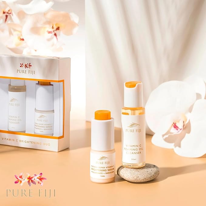 Pure Fiji Vitamin C Brightening Duo Kit - Foaming Oil and Brightening Vitamin C Face Serum - Anti Aging Anti-Wrinkle Facial Serum Gentle Foaming Oil, Antioxidant Serum, for All Skin Types