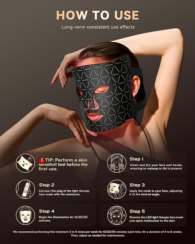 LED Light Therapy Mask Skin Care Mask, LED Red Light Therapy 630nm & 830nm Wavelength for Home Use, Body Beauty Machine for Care at Home (luxurious black)