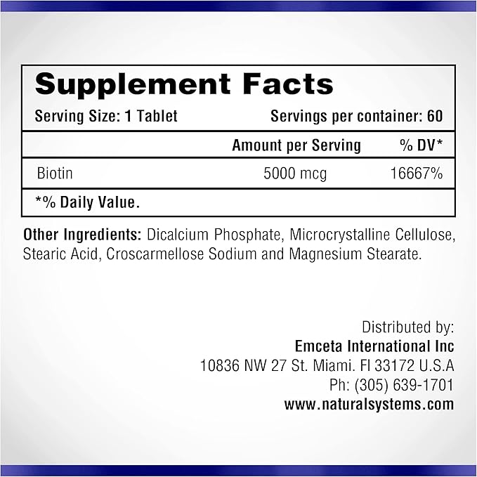 Biotin 60 Tablets 5000 mcg by Natural Systems | Biotin Hair Growth Support Pills | Hair Skin Nails Vitamins for Men and Women | Biotin Supplement Improves Cell Growth