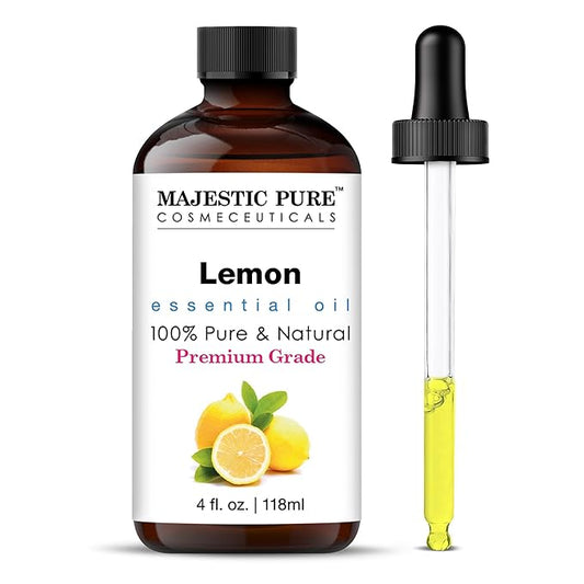 Majestic Pure Lemon Essential Oil with Glass Dropper | 100% Pure and Natural Lemon Oil | Premium Grade Essential Oils for Diffusers, Skin, Aromatherapy, Massage | 4 Fl Oz