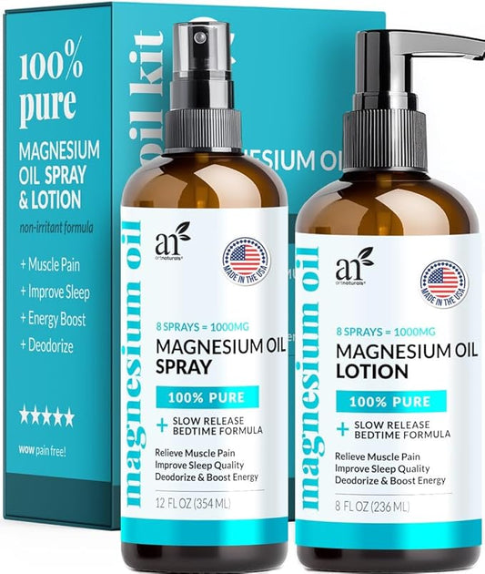 ArtNaturals Magnesium Oil Spray 12 oz + Body Massage Lotion Set 8oz for Feet & Sleep - Extra Strength Cream Ultra-Pure, Relief & Relaxation, Muscle Health Leg & Joint Care Topical Non Itch