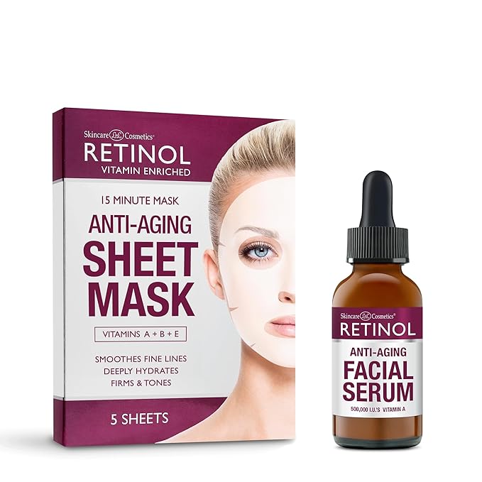 Retinol Anti-Aging Sheet Mask – Hydrating Vitamin-Enriched 15 Minute Treatment With Collagen Anti-Wrinkle Facial Serum – Vitamin-Enriched, Smoothes Fine Lines & Wrinkles