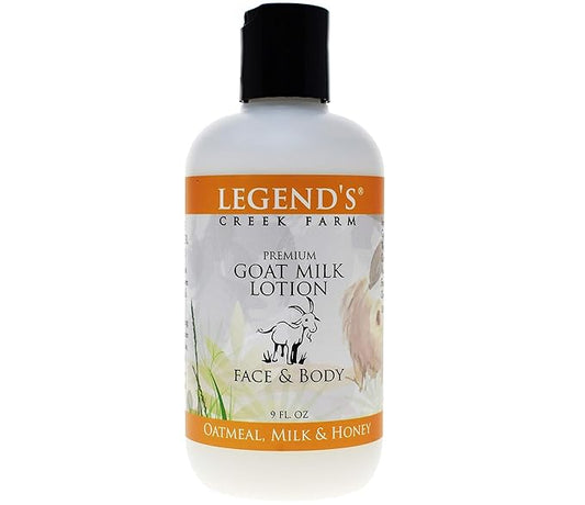 Legend's Creek Farm Goat Milk Lotion - Moisturizing Goat Milk Body Lotion for Body, Hand & Face - 9 oz Body Moisturizer with Shea Butter, Sunflower Oil, Aloe, Handmade in USA (Oatmeal, Milk & Honey)