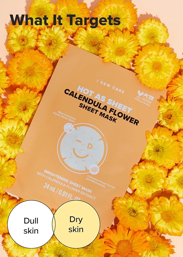 I DEW CARE Real Herb Calendula Sheet Face Mask - Hot As Sheet | Korean Face Masks Skincare, Moisturizing and Calming for Dry Skin with Calendula Flower Extract, 2% Niacinamide, 10EA