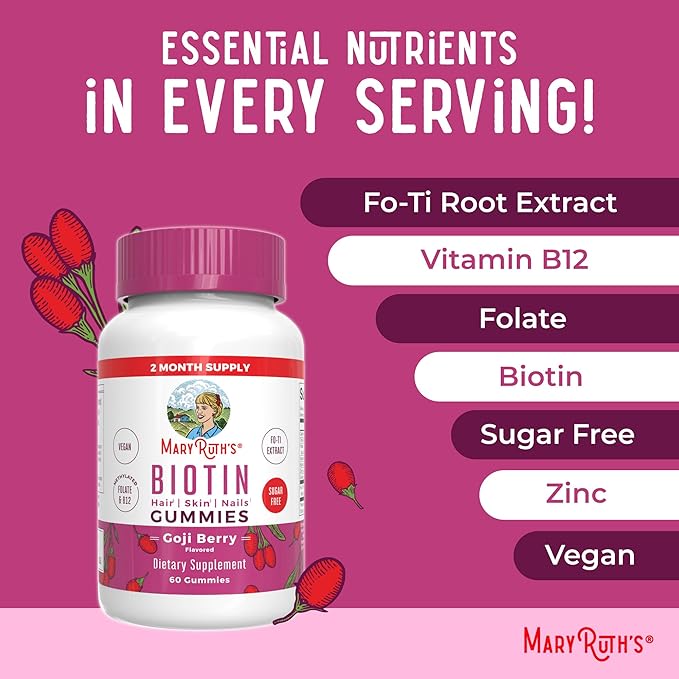MaryRuth's Biotin Gummies | Sugar Free | Vegan | Non-GMO | 2,500 mcg Biotin Supplement | Hair Skin and Nails Vitamins | Hair Growth Vitamins | Hair Growth Supplement | 60 Count