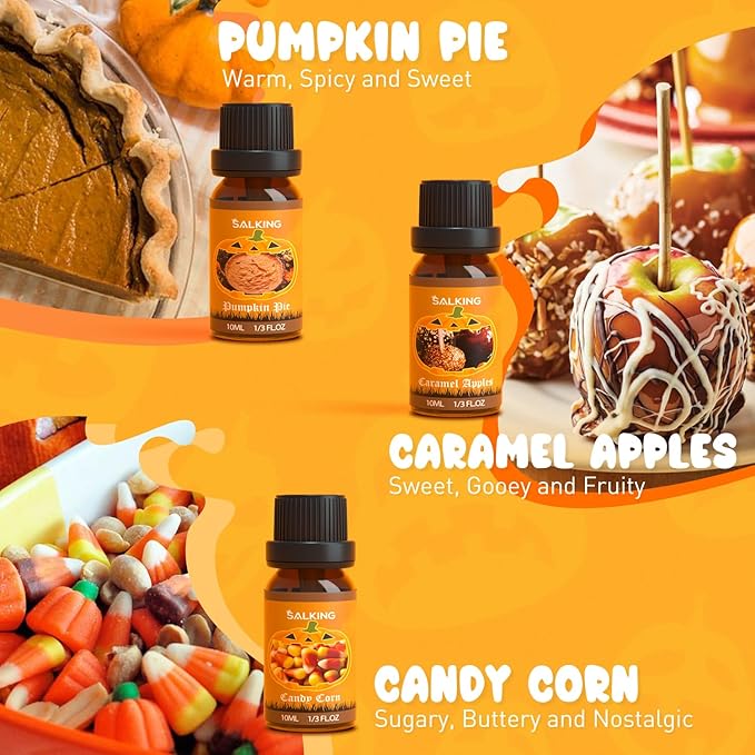 SALKING Halloween Fragrance Oils, Premium Essential Oils for Diffuser, Scented Oils Gift Set for Soap Candle Making - Pumpkin Pie,Caramel Apples,Candy Corn, Snickerdoodle, Caramel Corn, Apple Cider
