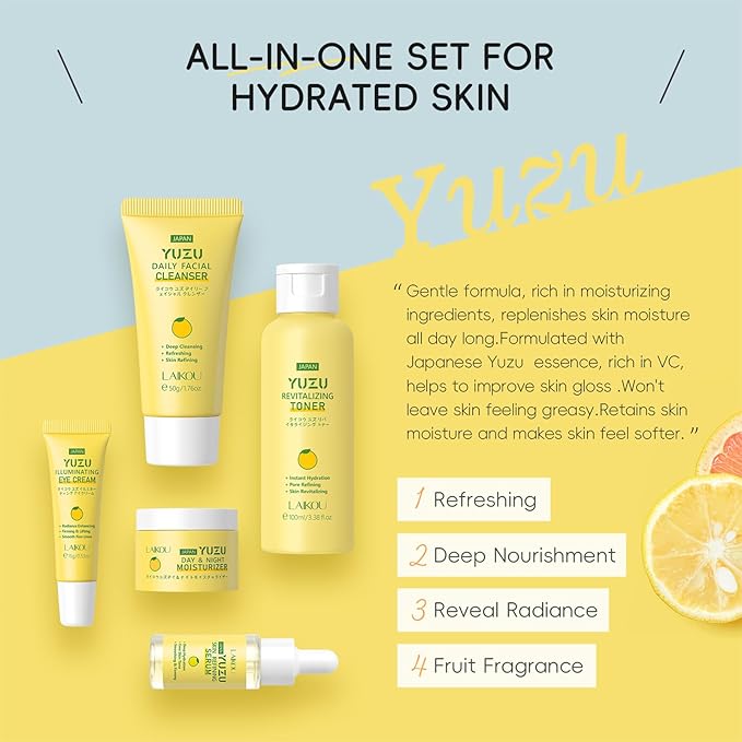 JAPAN Yuzu Skin Care Set, Yuzu Skin Care Routine Kit For Women & Teen Girls, Natural Skincare Set For Women With Serum,Toner,Cream,Eye Cream,Cleanser, Stocking Stuffers for Adults & Girls