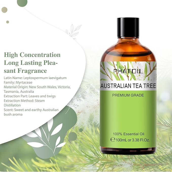 Australian Tea Tree 3.38fl.oz Essential Oil, PHATOIL Pure Aromatherapy Oils for Diffuser, Humidifier, Perfect for DIY Soap, Candle, Bath Bombs Making(100ml)