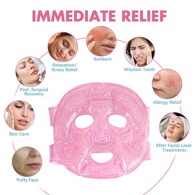 LotFancy Face Ice Pack, Reusable Ice Face Mask, Gel Bead Cold Face Eye Mask, Hot Cold Compress for Puffiness, Facial Routine, Post-Surgical Recovery, Headache, Skin Care, Post Laser Care