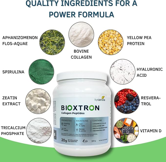 Bioxtron Collagen Peptides Powder - Skin Support, Hair & Nails Support - Stem Cell Renewal Bones & Joinst Support - Type I Collagen - AFA Hyaluronic Acid - 21 Oz
