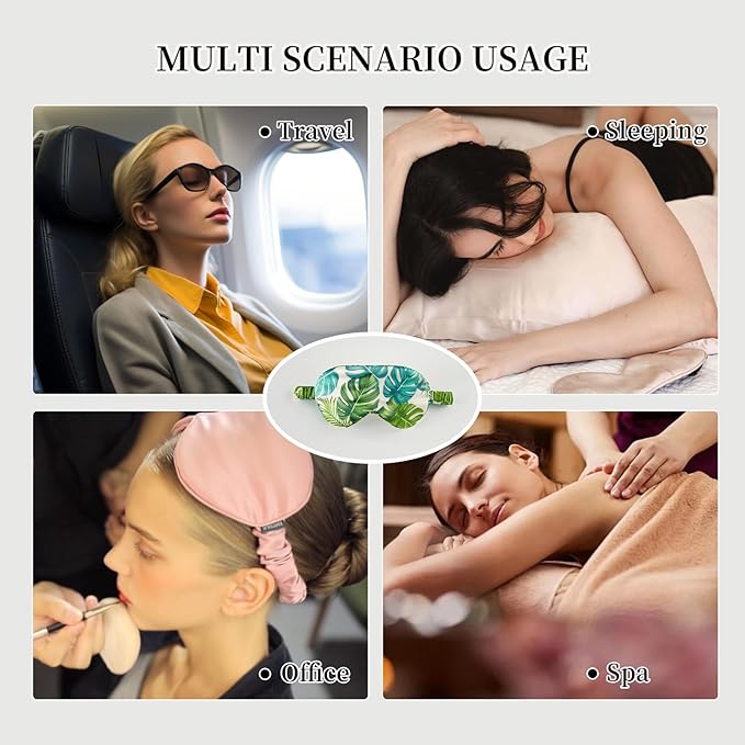 THXSILK Sleep Mask 100% 19 Momme Pure Mulberry Silk Super Smooth Cooling Decorative Sleep Eye Mask Blackout Eye Cover with Wide Head Strap, Monstera-Green