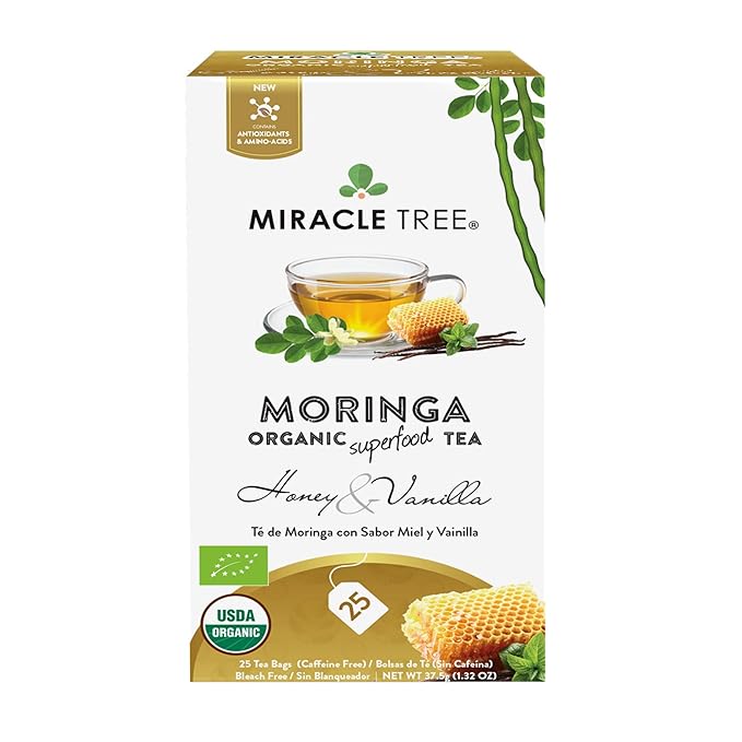 Miracle Tree - 12 Count of Organic Moringa Superfood Tea, 25 Individually Sealed Tea Bags, Honey & Vanilla (Keto, Detox, Energy/Immunity Booster, Vegan, Gluten-Free, Organic, Non-GMO, Caffeine-Free)