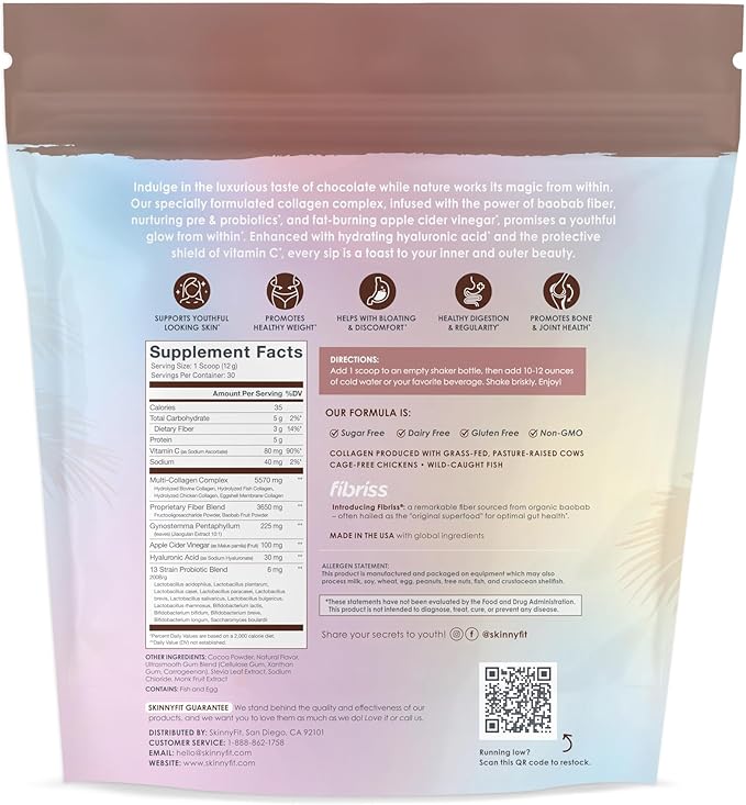 SkinnyFit Super Youth Chocolate Multi-Collagen Peptides + Probiotics, Baobab Fiber, Apple Cider Vinegar, Hyaluronic Acid, & Vitamin C, Skin, Hair, Joint & Metabolism Support, 30 Servings
