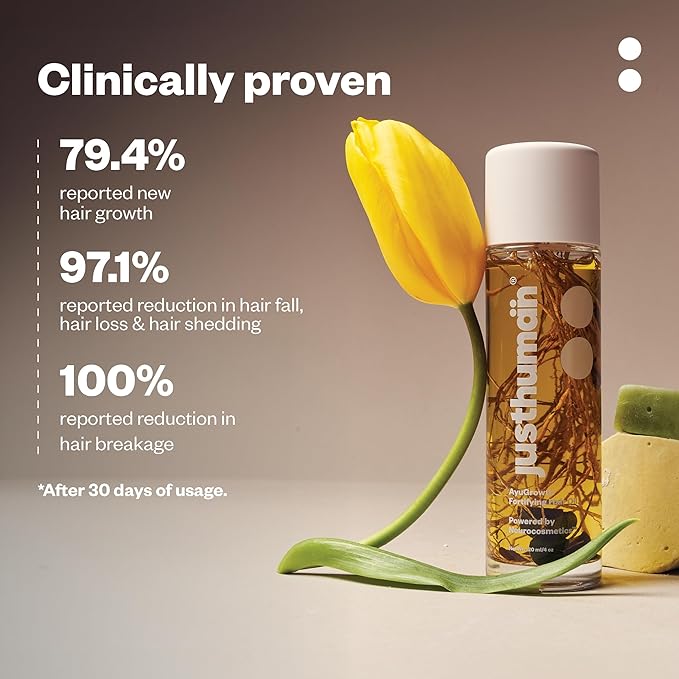 JustHuman AyuGrowth Fortifying Hair Oil |Ayurvedic Elixir| Clinically Proven 18-Oil blend |Reduces Hair Fall & breakage | Strengthens roots | Bhringraj, Amla, Brahmi & Vertiver root | 4oz