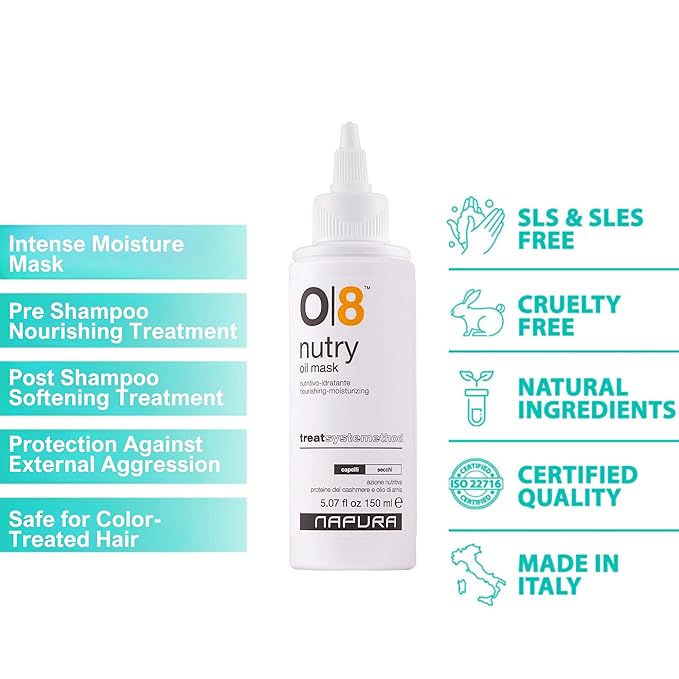 NAPURA O8 Intense Moisture Hair Oil Treatment Mask for Dry, Damaged Hair with Cashmere Proteins, Amla, Jojoba, Avocado Oil (5.07 fl oz) - Nourishes, Restores Elasticity & Enhances Shine for Dull Hair