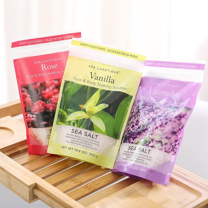 spa luxetique Bath Salts Gift Set 6-Pack, Foot and Body Sea Salts for Soaking, Wooden Scooper, 0.5oz Argan Oil, Bath Salts for Women Relaxing, Mother's Day Gifts for Mom