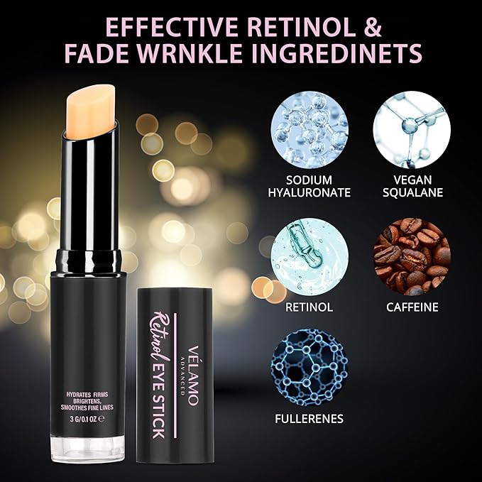 VELAMO ADVANCED Retinol Eye Stick: Retinol Eye Cream for Dark Circles and Puffiness with 1% Bakuchiol and Caffeine - Visibly Reduces Fine Lines Wrinkles Under Eye Bags with Upgraded Formula 0.1 OZ/3g