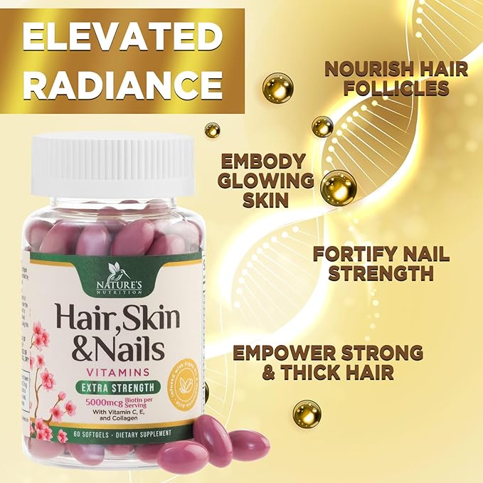 Hair Vitamins Women, Ultra Strength 5000mcg Biotin, Collagen, PABA & More - Womens Hair Growth, Skin, Nails & Keratin Support Supplement, Infused w/ Argan Oil & Hyaluronic Acid, Non-GMO - 60 Softgels