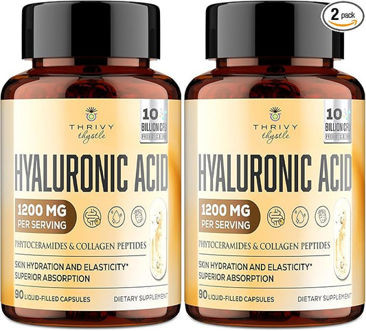 19-in-1 Hyaluronic Acid Capsules - Hylunaric Acid 1200 mg, with Collagen Peptides, Vitamin C, Phytoceramides - for Skin, Eyes, Gastrointestinal, Bones & Joint Lubrication (2 Pack)