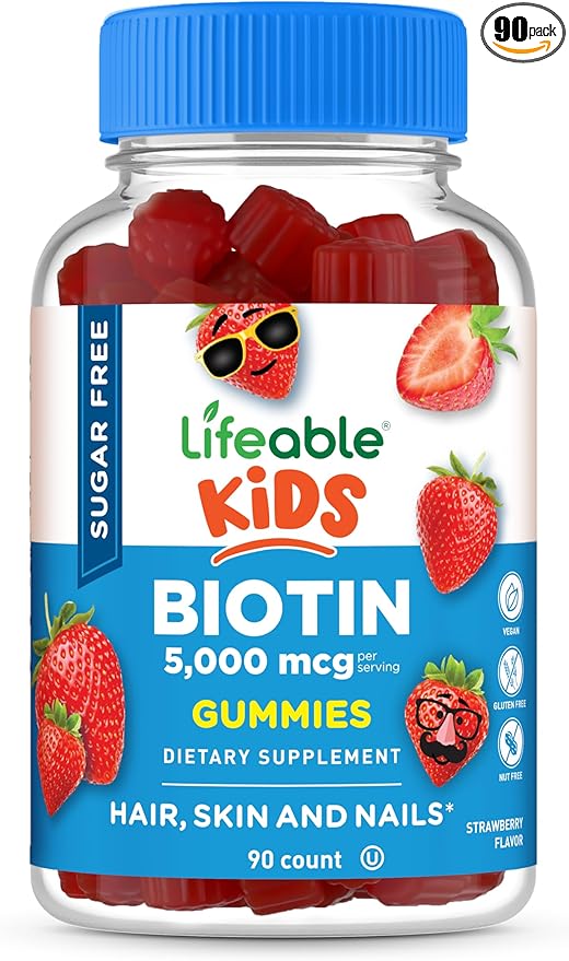 Lifeable Sugar Free Kids Biotin Gummies | 5000mcg | Great Tasting Biotin Supplement | Biotin Gummies for Hair Growth, Skin and Nail Health | Hair Vitamins for Kids, Boys, Girls | 90 Gummies