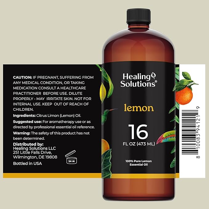 Healing Solutions Lemon Essential Oil - 16oz Bulk, 100% Pure, Large Bottle for Aromatherapy & More - Candle Making & Diffuser