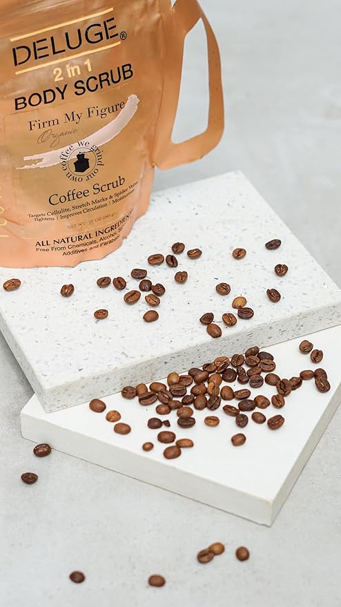 Deluge Coffee Scrub for Cellulite and Stretch Marks, Body Exfoliant and Hydrating Cellulite Treatment with Shea Butter, Coconut Oil and Dead Sea Salt Firms, Tones and Moisturizes Skin (10 oz)