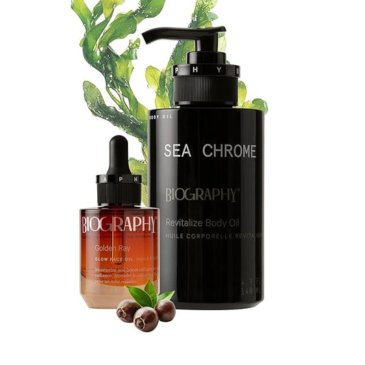 Biography Face Oil Collagen Booster, Moisturizer & Beauty Body Oil Skincare Gift Set for Women, Gua Sha w/Jojoba, Rosehip, French Marine Algae, Guarana Seed. Skin Hydrating Sea Chrome & Golden Ray
