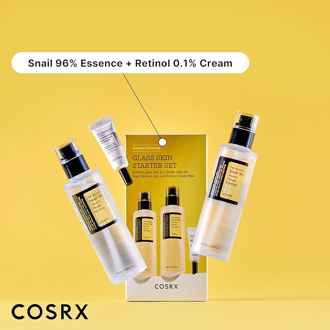 COSRX Glass Skin Starter Set + Hydrogel Mask 3EA- Snail 96% Essence Duo and Glass Glow Hydrogel Collagen Face Mask, Travel Essentials, Stocking Stuffers, Korean Skin Care