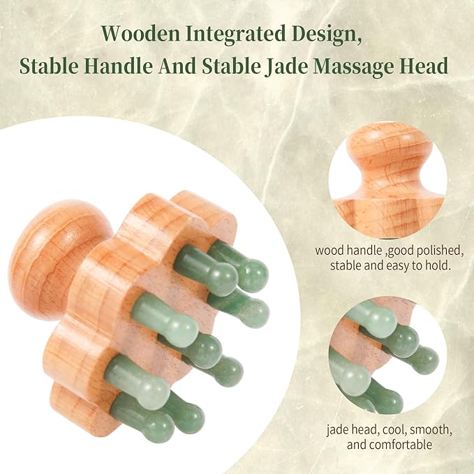 Natual Jade Massage Head, with Wooden Hander Comb,for Scalp Massager, Head Ficial, Body Acupressure Tool,gua sha Scraping, Relieve Fatigue,Stress Relax Device,for Hair Growth (Green)