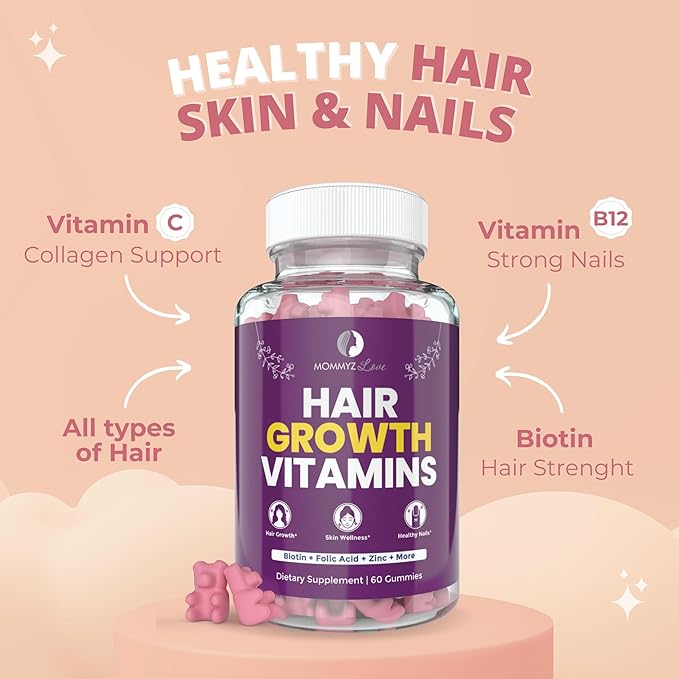 Mommyz Love Biotin 5000mcg Hair Skin and Nails Vitamin Gummies - Biotin Gummies for Hair Growth & Radiant Skin During Post Partum Recovery & Adjustment Period - Post Partum Vitamins with Folate