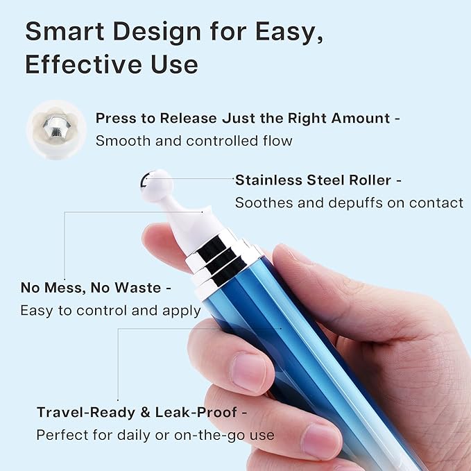 Eye Serum for Dark Circles and Puffiness, 5% Caffeine 8% Retinol Under Eye Cream with Build-In 3D Roller Applicator, Hyaluronic Acid Peptide for Hydration Fine lines Wrinkles, 0.5 fl oz