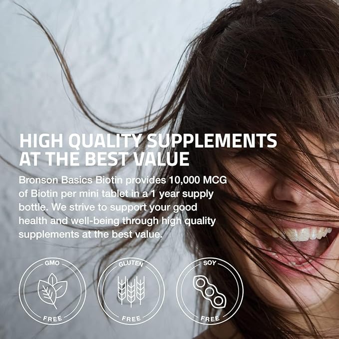 Bronson Biotin 10,000mcg, Supports Healthy Hair, Skin and Nails, Vegetarian, Non-GMO, 150 Tablets