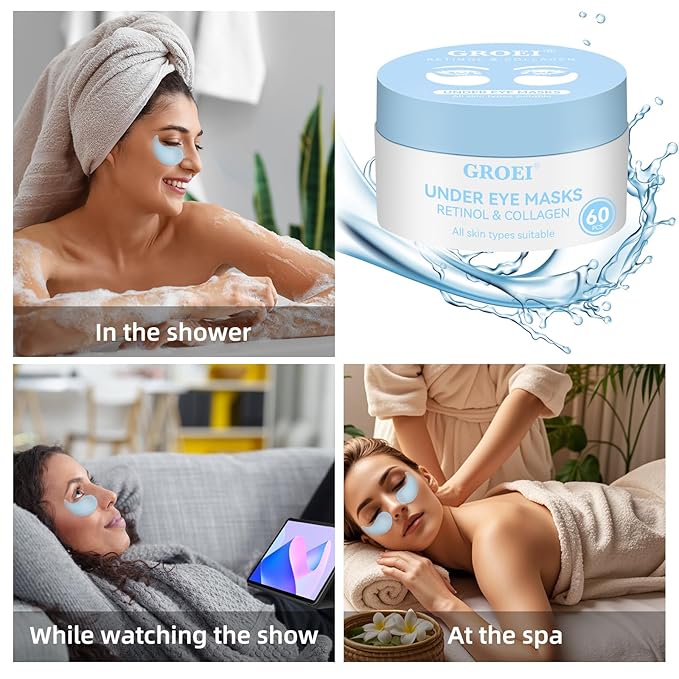 Under Eye Masks 60PCS – Retinol & Collagen Eye Patches for Dark Circles and Puffiness, Hydrating Cooling Under Eye Pads for Women & Men, Skin-Firming Gel Patches for All Skin Types (1PC)