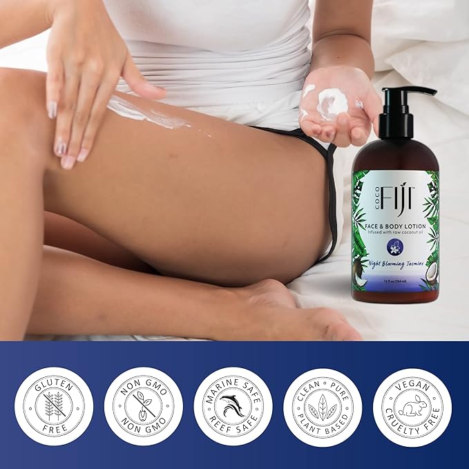 Coco Fiji Face & Body Lotion Infused With Coconut Oil | Lotion for Dry Skin | Moisturizer Face Cream & Massage Lotion for Women & Men | Night Blooming Jasmine 12 oz, Pack of 1