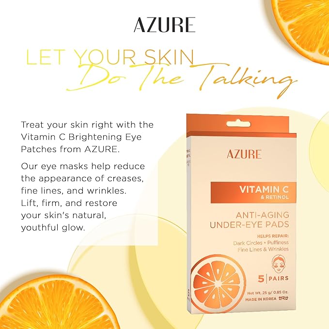 AZURE Vitamin C Under Eye Pads - Anti Aging, Lifting & Moisturizing Eye Mask Patches - Reduces Fine Lines, Wrinkles, Dark Circles & Puffiness - Skin Care Made in Korea - 10 Pairs