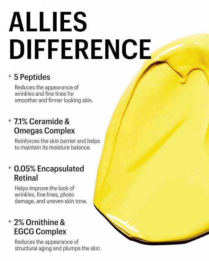 Allies of Skin Retinal 0.05% Peptides Repair Night Cream with 0.05% Encapsulated Retinaldehyde, Peptides, 2% Ornithine, EGCG Complex, 11 Brighteners, Antioxidants, and 7.1% Ceramide & Omegas Complex