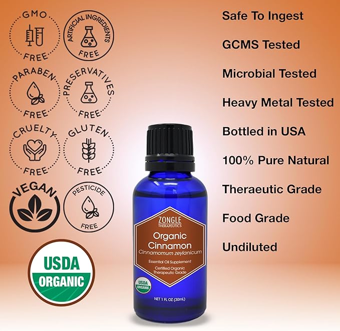 Organic, Cinnamon Essential Oil, Food Grade, for Candy, Cooking, Baking – 100% Pure, Edible, Cinnamon, Leaf, Oil, by Zongle Therapeutics, 1 OZ