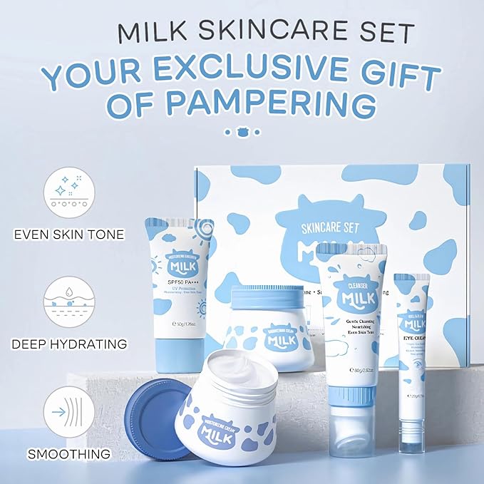 Milk Skincare Gift Set for Women & Girls, 5-In-1 Facial Skin Care Sets & Kits With Facial Cleanser, Face Cream, Eye Cream, Milk Gentle Skin Cleaning & Care Travel Size Facial Kit