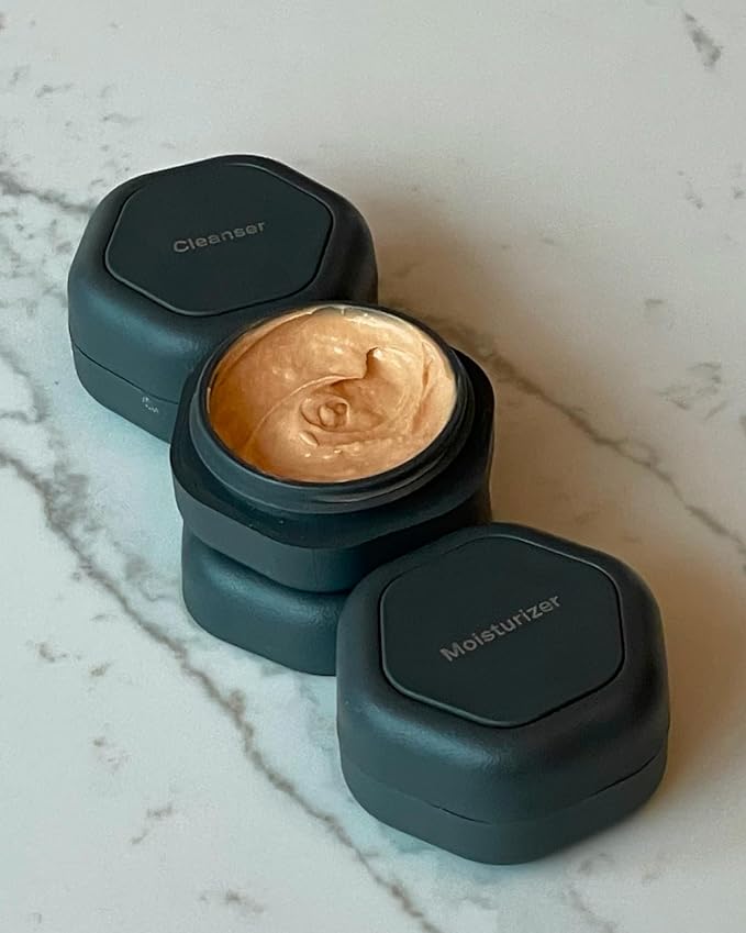 Cadence Travel Containers - Basic Skincare Set - Magnetic Travel Capsules - Facial Cleanser, Moisturizer, Sunscreen - 3 Small Capsules (0.56oz) with Cleanser, Moisturizer & Sun-Icon Label - Pacific