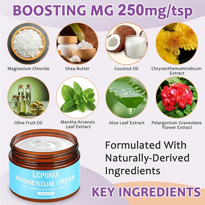 LEPONIX Magnesium Cream for Sleep - Topical Magnesium Lotion for Muscle Relaxation, Leg Cramps, Pain Relief & Better Sleep, Soothing Magnesium Body Butter for Adults & Kids (120ml, Unscented)