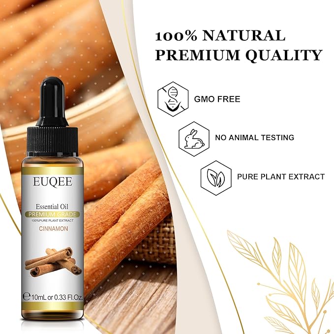 Cinnamon Essential Oil(0.33 oz/10 ml), Premium Cinnamon Oil Pure Essential Oil, Great for Humidifier, Diffusers, Candle Making
