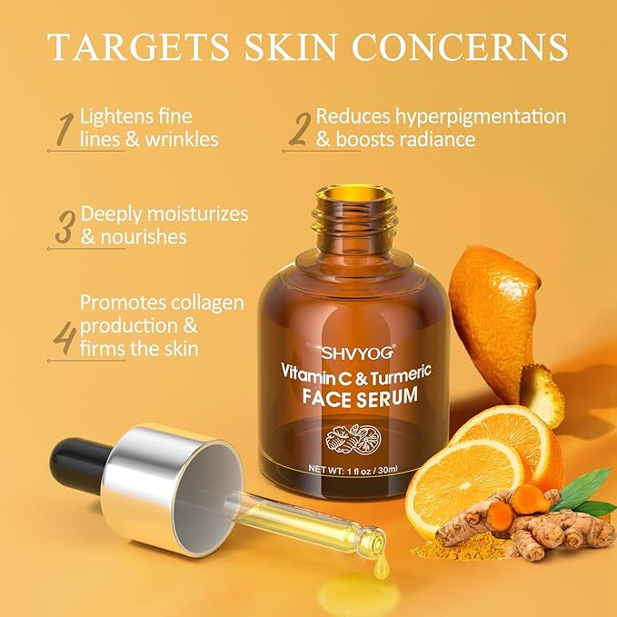 Vitamin C Face Serum with Turmeric for Uneven Skin Tone, Vitamin C & Turmeric Serum for Anti-Aging, Hydrating and Improving Dull Skin 1 Fl Oz