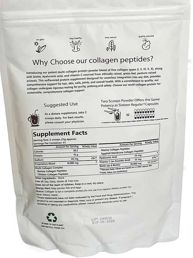 Miracle Multi Collagen Protein Powder, 1 Pound – Types I, II, III, V, X with Biotin, Hyaluronic Acid, Vitamin C – Unflavored Collagen Peptides – Keto & Paleo