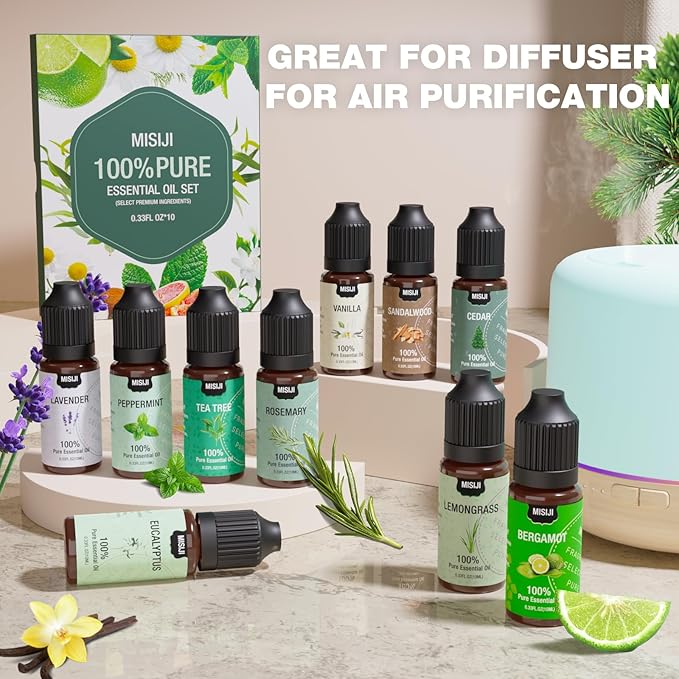 Essential Oils Set-MISIJI Essential Oils for Diffuser for Home,Diffuser Oils Scents for Aromatherapy,Candle&Soap Making,Laundry,Humidifiers 10 Scents Blissful