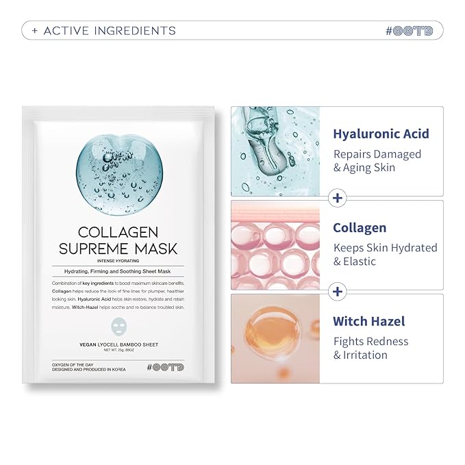 Collagen Hydrating Sheet Masks for Face Korean Anti Aging Mask Sheet for Dry Skin & Sensitive Skin, EVE Vegan, Not Tested on Animals, No Parabens, No Sulfates, Hyaluronic Acid, Witch Hazel 10EA
