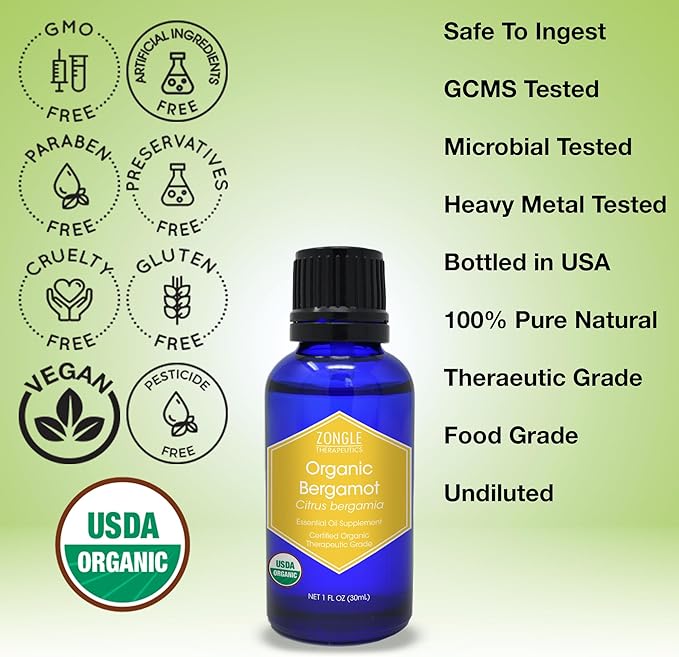 Organic, Bergamot Essential Oil, Food Grade, for Tea – 100% Pure, Bergamot Oil, by Zongle Therapeutics, 1 OZ