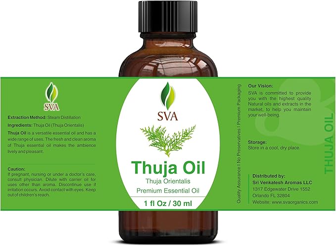 SVA Thuja Essential Oil – 1 Fl Oz – 100% Natural Thuja Oil - for Diffuser, Hair Care, Face, Skin Care, Aromatherapy, Scalp and Body Massage, Soap and Candle Making - with Dropper