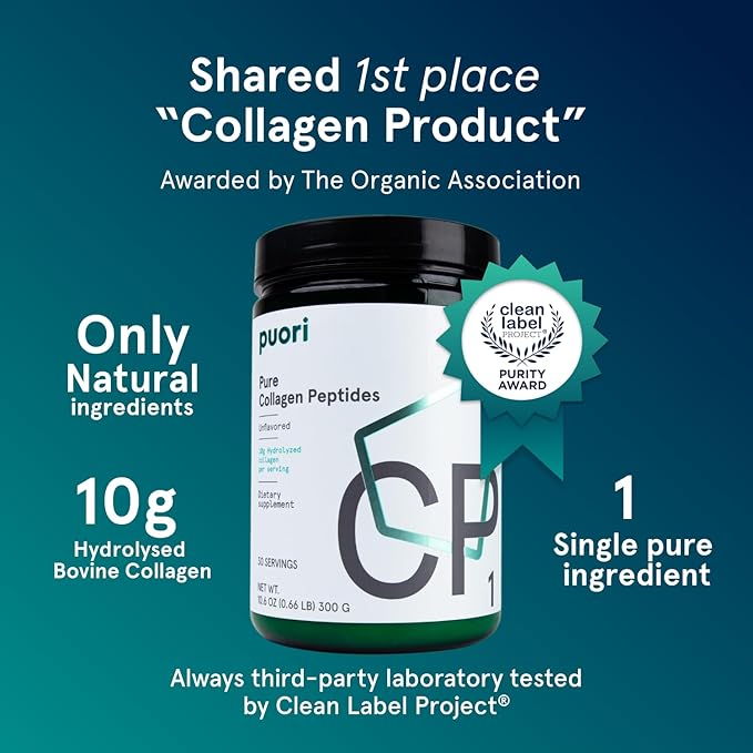 Puori - CP1 Pure Collagen Peptides Powder - Hair, Skin, Nails - Joint, Bones Support - Hydrolyzed Protein, Unflavored, 30 Servings
